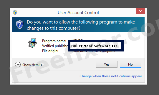 Screenshot where BulletProof Software LLC appears as the verified publisher in the UAC dialog